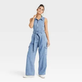 Universal Thread Women's Denim Cargo Jumpsuit Sleeveless Overalls Belt Loop