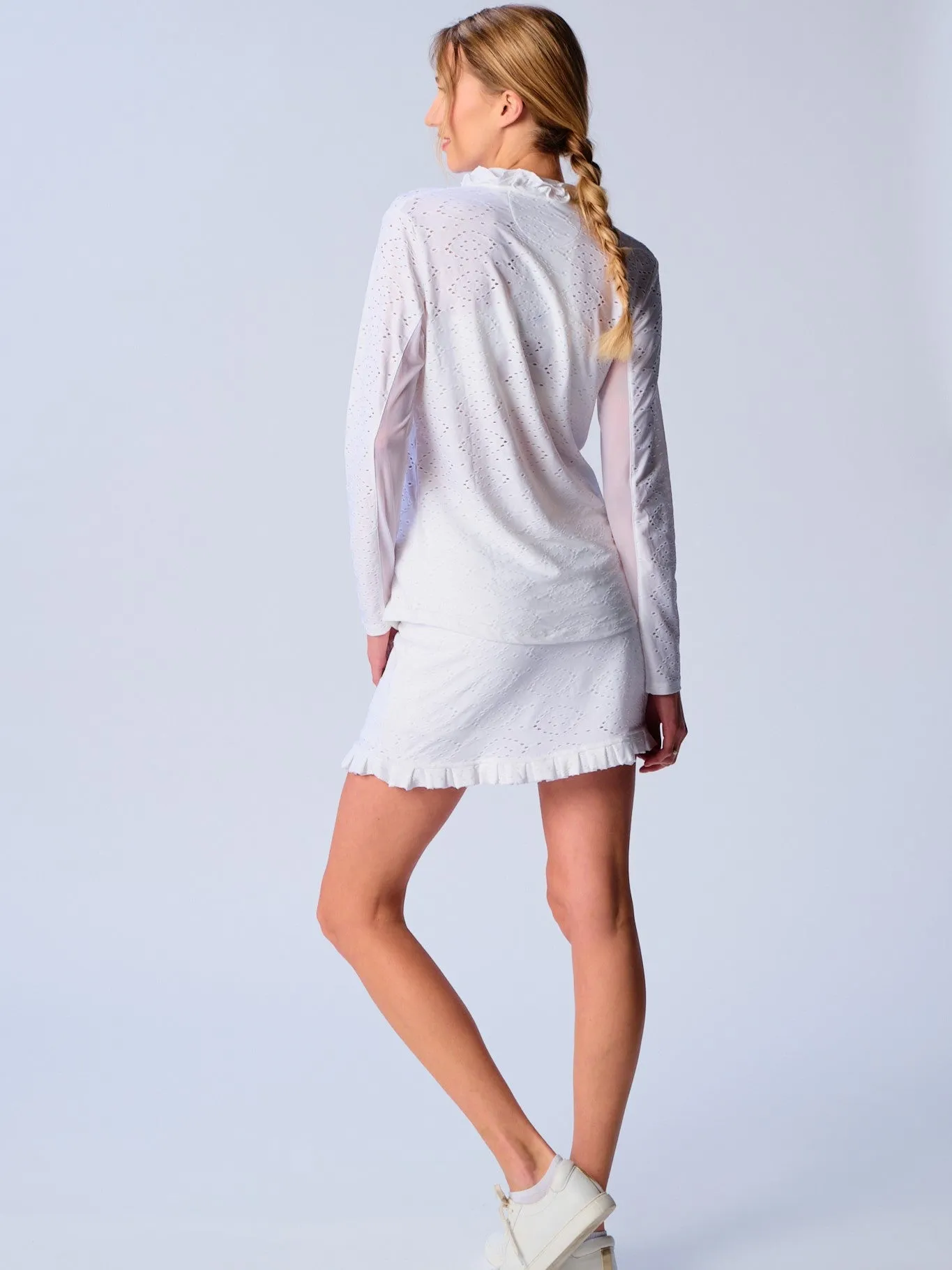 UPF 50  Ruffle V Neck Top In White Eyelet