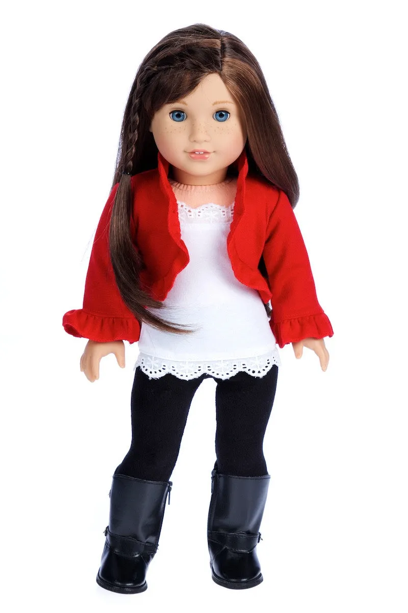 Uptown Girl - Clothes for 18 inch Doll - 4 Piece Outfit - Red Ruffled Jacket, White Tank Top, Black Leggings and Boots