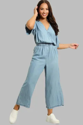 V-Neck Relaxed Fit Denim Jumpsuit