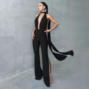 Versatile Halter Plunge Neck Backless Split Flared Leg Jumpsuit - Black