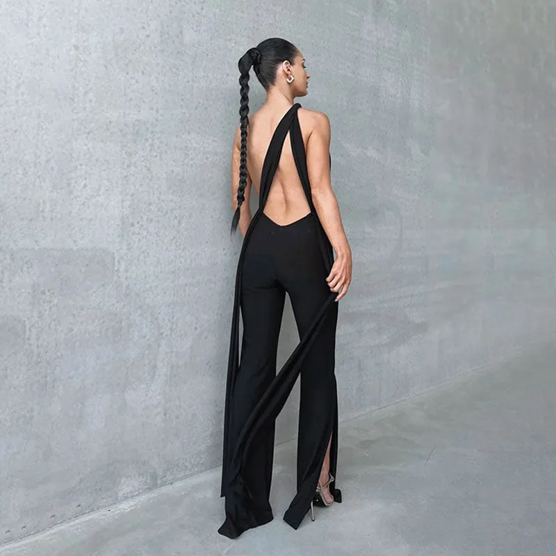 Versatile Halter Plunge Neck Backless Split Flared Leg Jumpsuit - Black