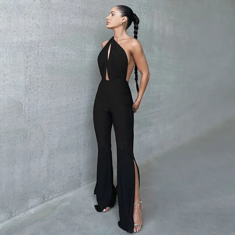 Versatile Halter Plunge Neck Backless Split Flared Leg Jumpsuit - Black