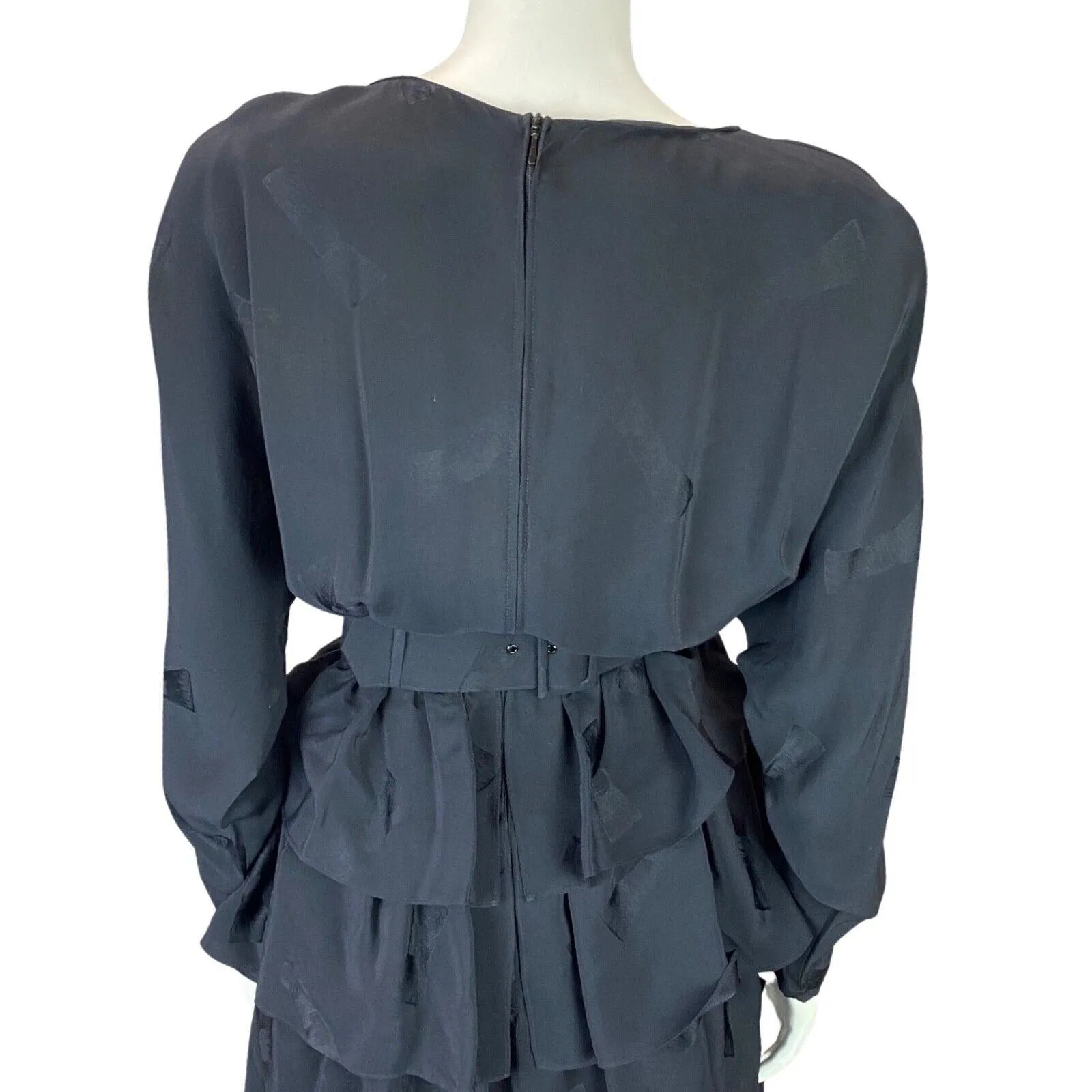 Vintage 80s Black Louis Féraud Bat Wing Belted Ruffle Skirt Dress 10 S