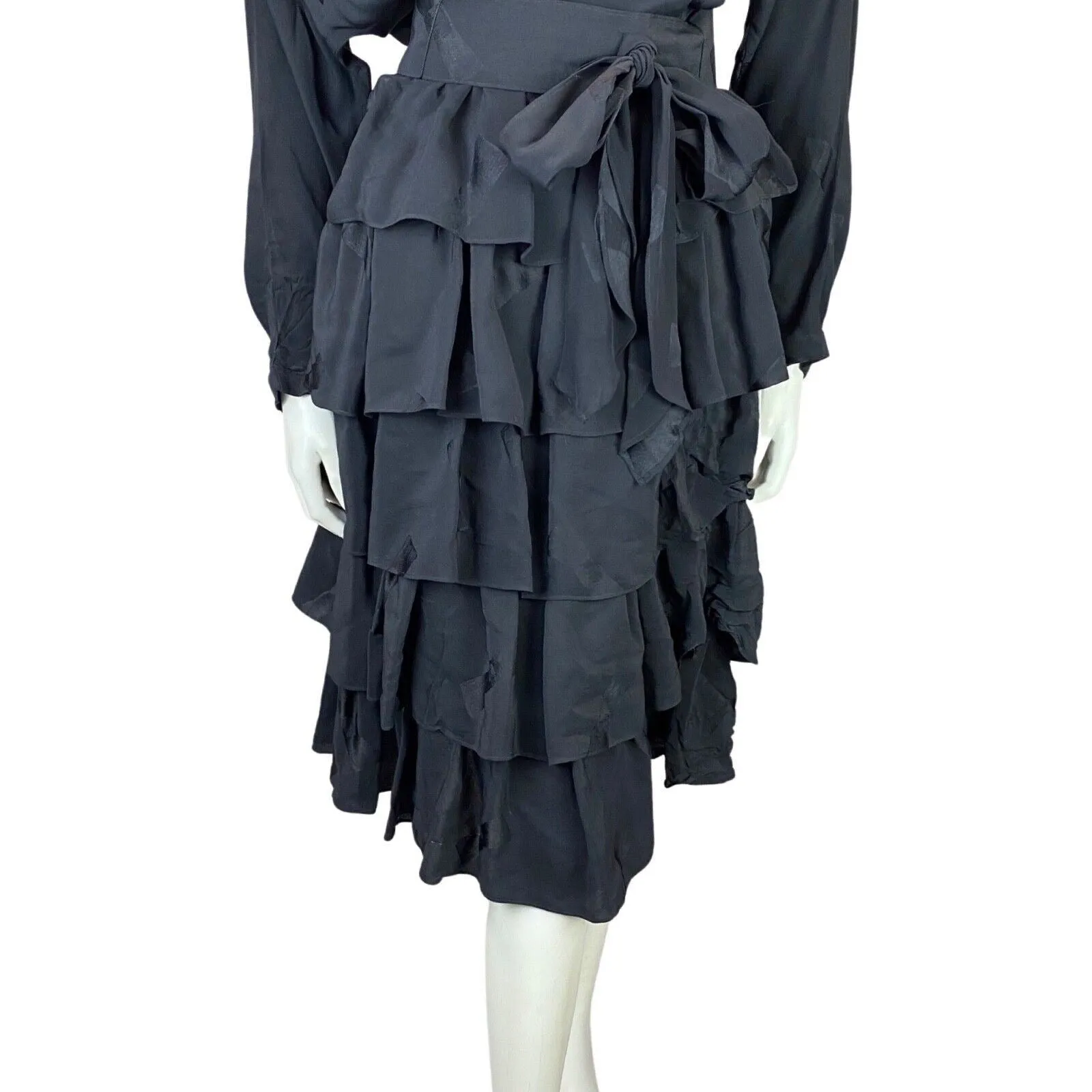 Vintage 80s Black Louis Féraud Bat Wing Belted Ruffle Skirt Dress 10 S