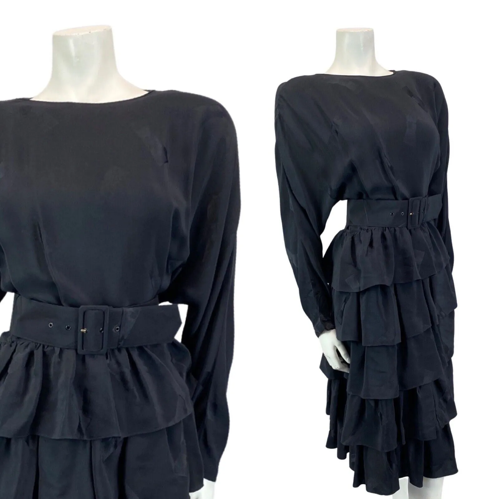 Vintage 80s Black Louis Féraud Bat Wing Belted Ruffle Skirt Dress 10 S