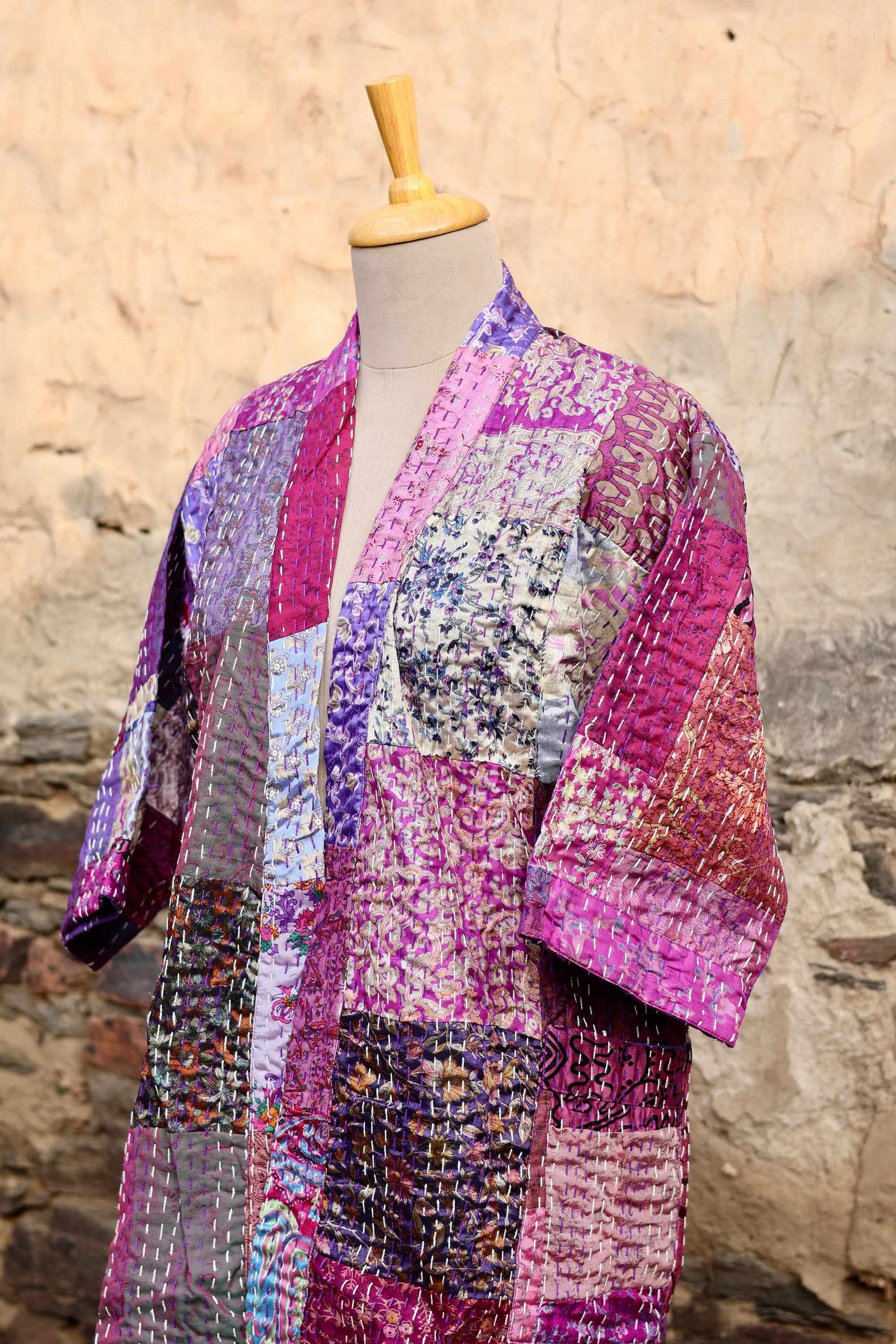 Vintage Handmade Silk Patchwork Kantha Kimono Robe | Indian Silk Kantha Jacket Kimono Robe | Bridesmaid Robe | Kantha Kimono