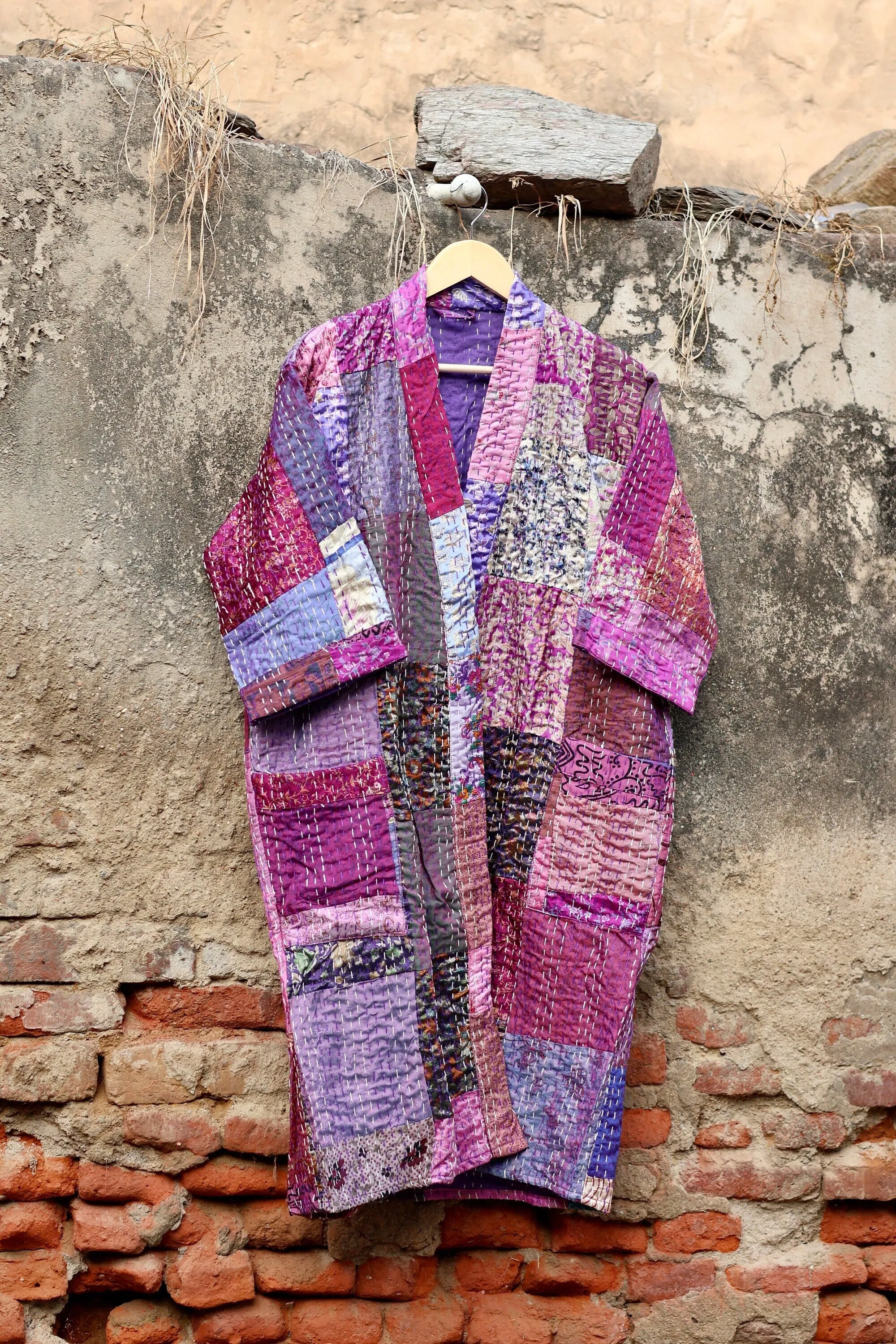 Vintage Handmade Silk Patchwork Kantha Kimono Robe | Indian Silk Kantha Jacket Kimono Robe | Bridesmaid Robe | Kantha Kimono