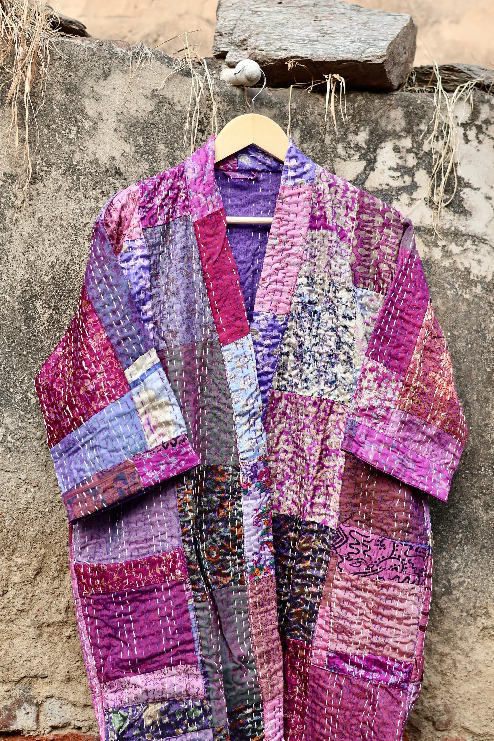 Vintage Handmade Silk Patchwork Kantha Kimono Robe | Indian Silk Kantha Jacket Kimono Robe | Bridesmaid Robe | Kantha Kimono