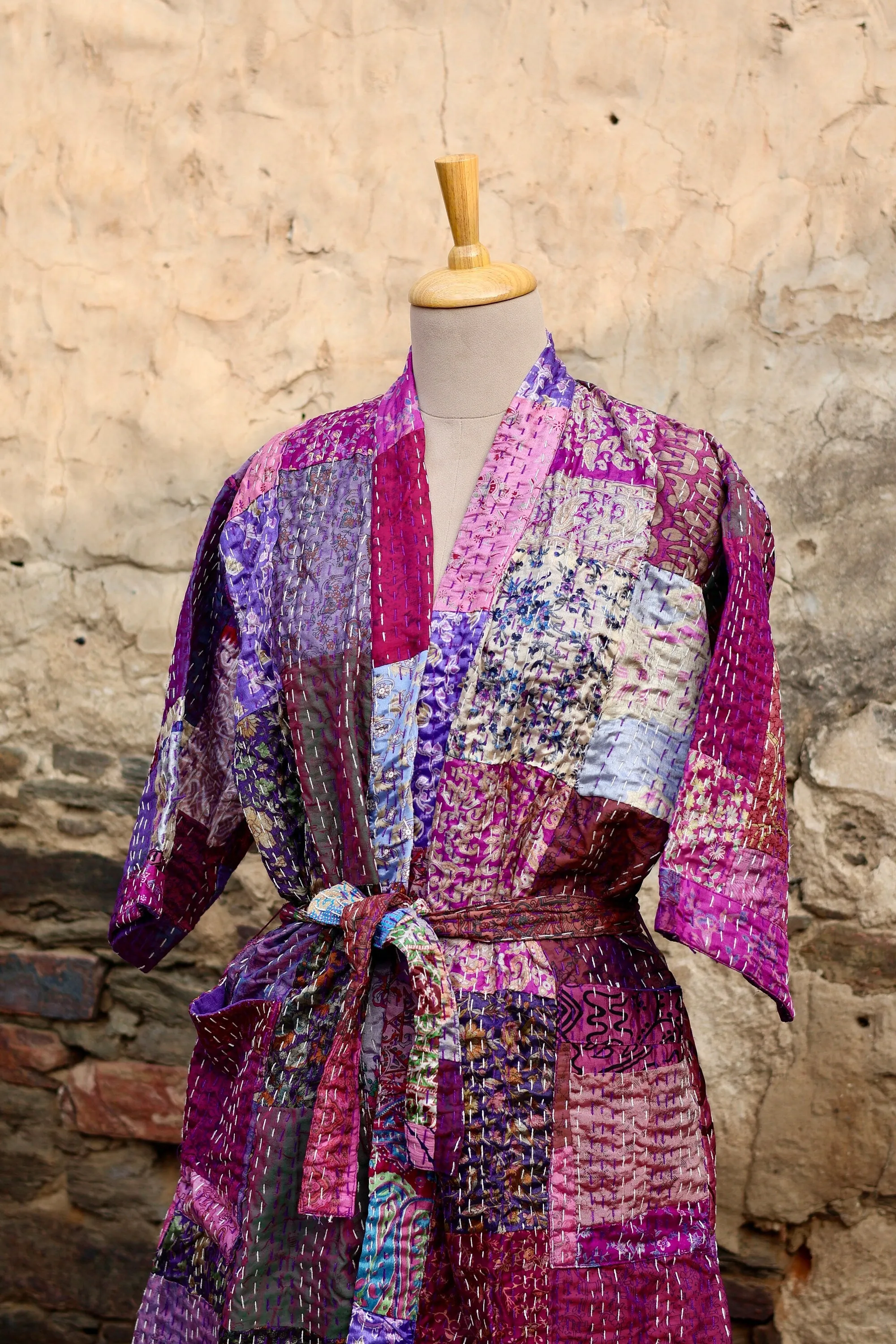 Vintage Handmade Silk Patchwork Kantha Kimono Robe | Indian Silk Kantha Jacket Kimono Robe | Bridesmaid Robe | Kantha Kimono