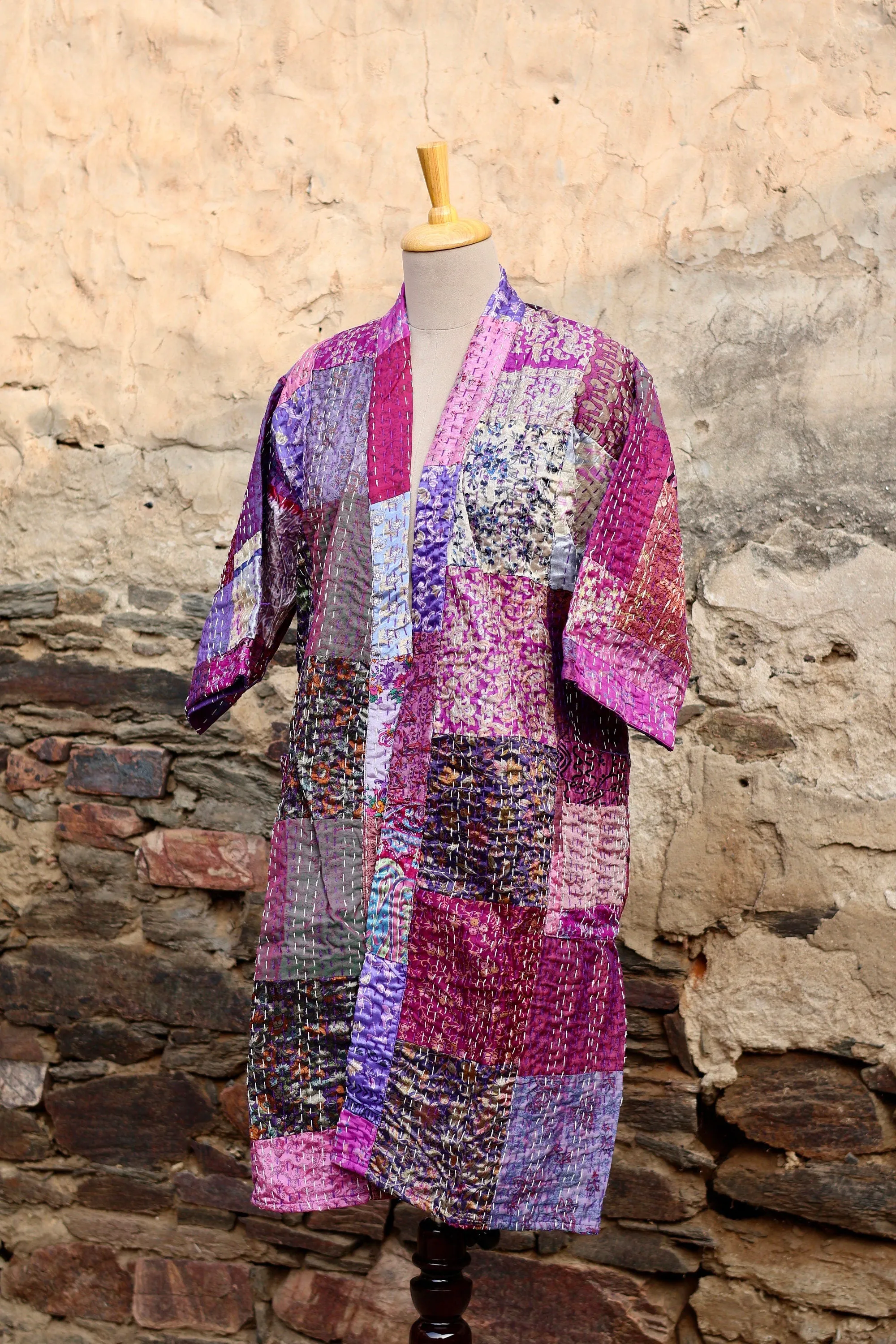 Vintage Handmade Silk Patchwork Kantha Kimono Robe | Indian Silk Kantha Jacket Kimono Robe | Bridesmaid Robe | Kantha Kimono