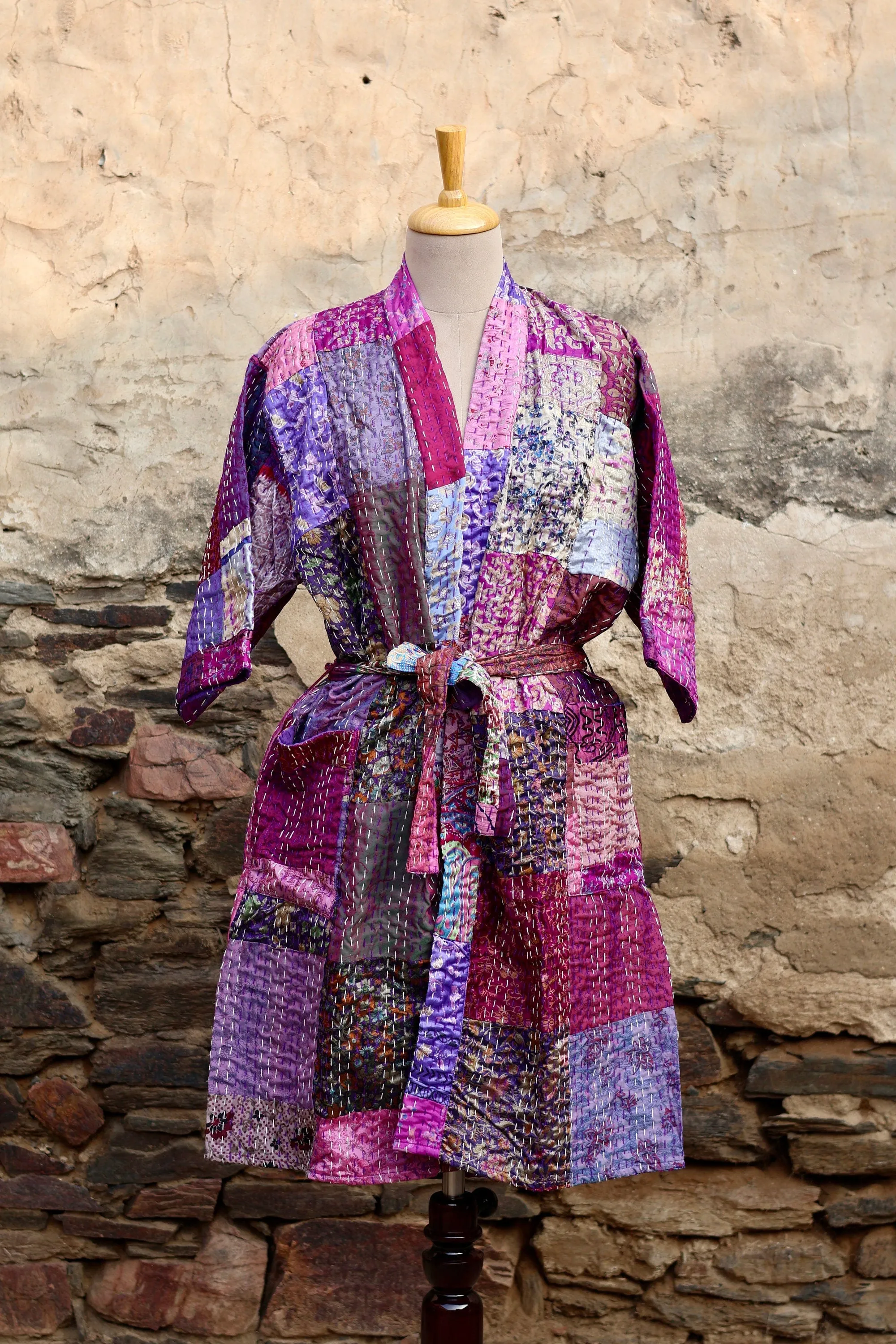 Vintage Handmade Silk Patchwork Kantha Kimono Robe | Indian Silk Kantha Jacket Kimono Robe | Bridesmaid Robe | Kantha Kimono