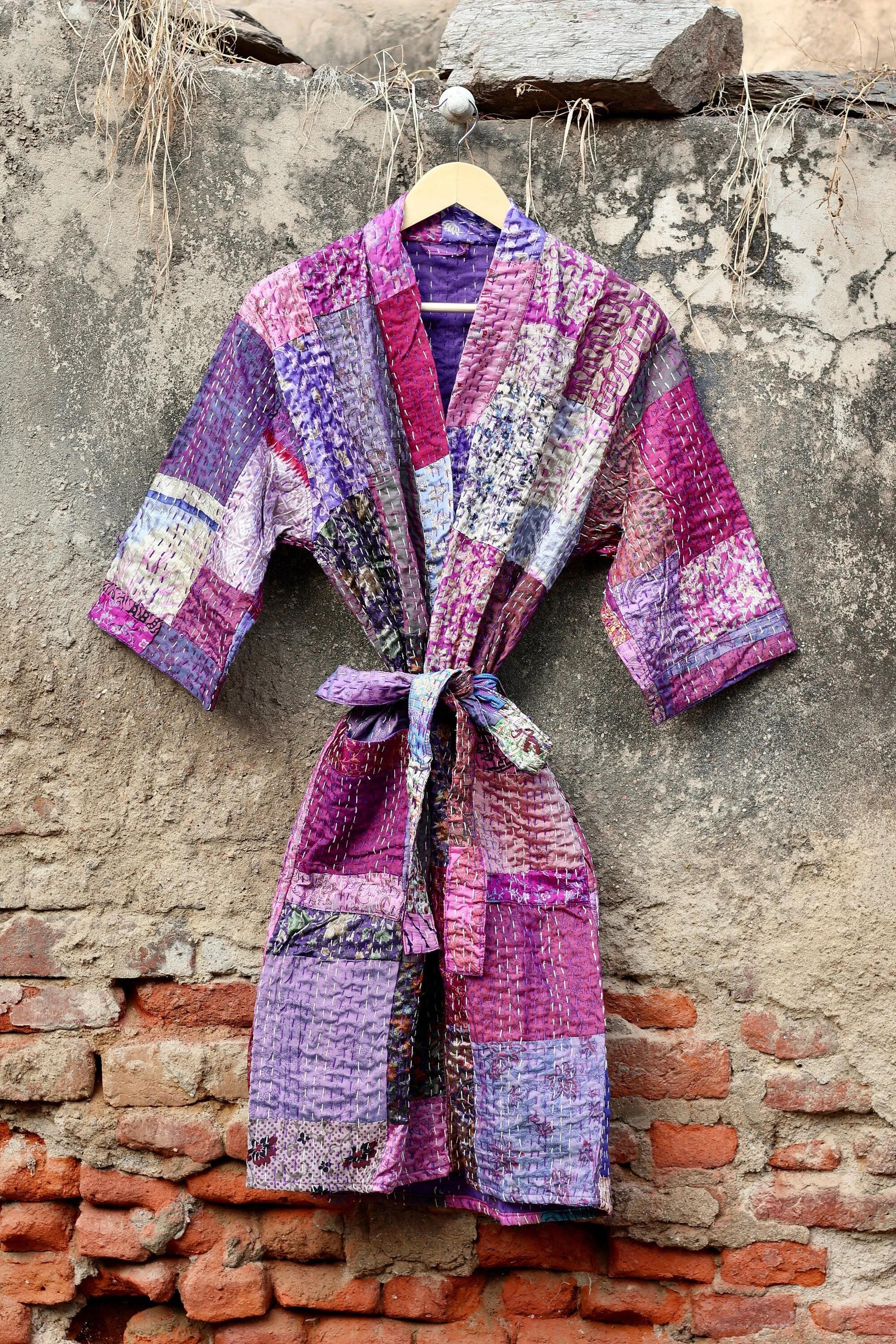 Vintage Handmade Silk Patchwork Kantha Kimono Robe | Indian Silk Kantha Jacket Kimono Robe | Bridesmaid Robe | Kantha Kimono