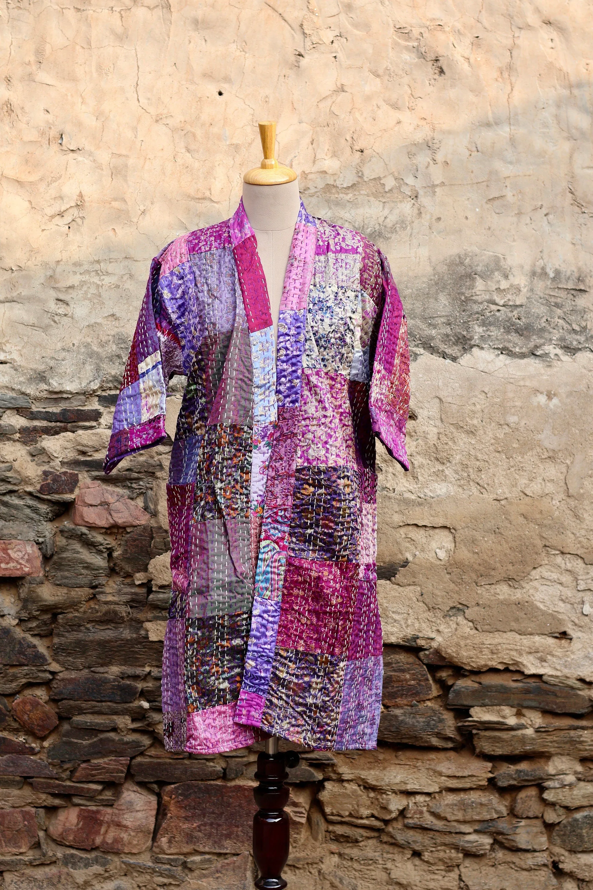 Vintage Handmade Silk Patchwork Kantha Kimono Robe | Indian Silk Kantha Jacket Kimono Robe | Bridesmaid Robe | Kantha Kimono