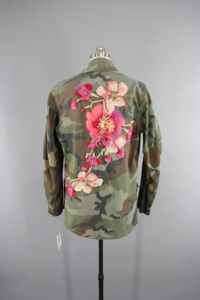 Vintage US Marines Embroidered Camouflage Jacket with Pink & Peach Floral Embroidery