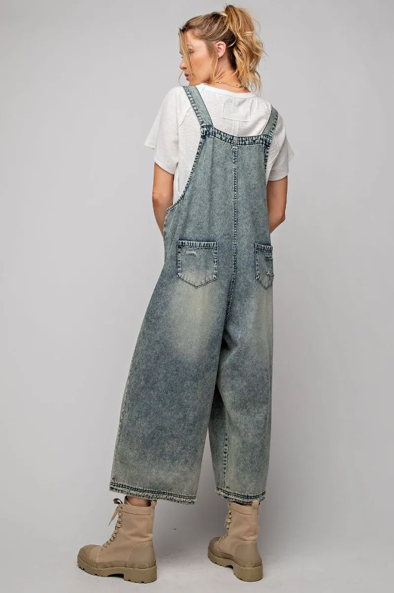 Washed Denim Loose Fit Overalls