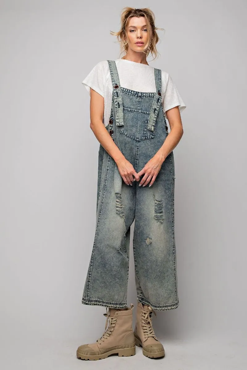 Washed Denim Loose Fit Overalls