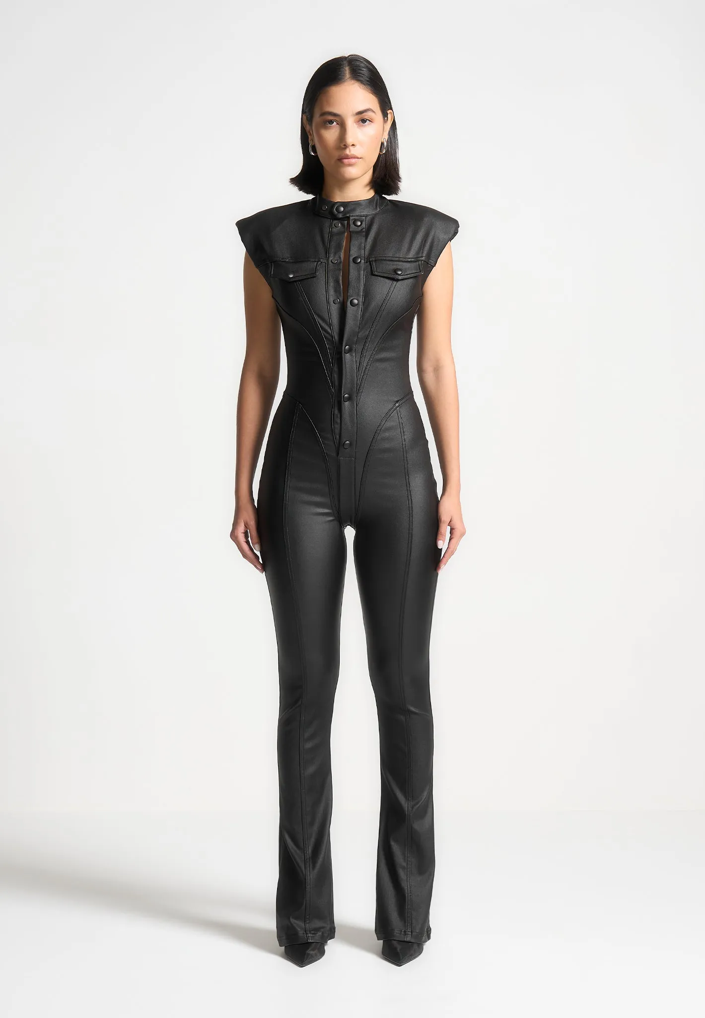 Wax Coated Denim Jumpsuit - Black