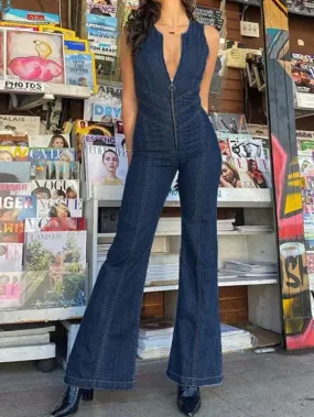 Wenkouban Vintage High Rise Denim Jumpsuit with Zipper