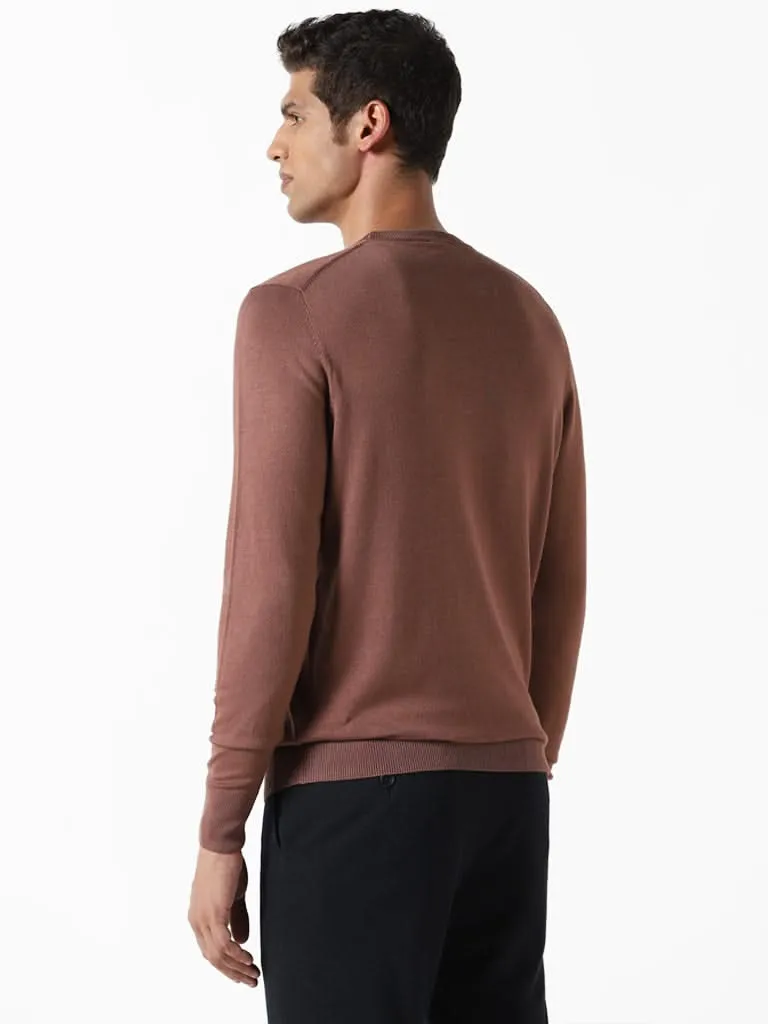 WES Formals Solid Brown Ribbed Slim-Fit Sweater