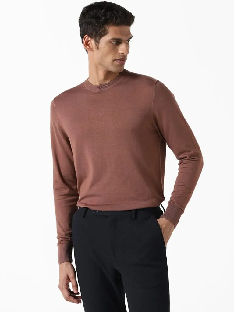 WES Formals Solid Brown Ribbed Slim-Fit Sweater