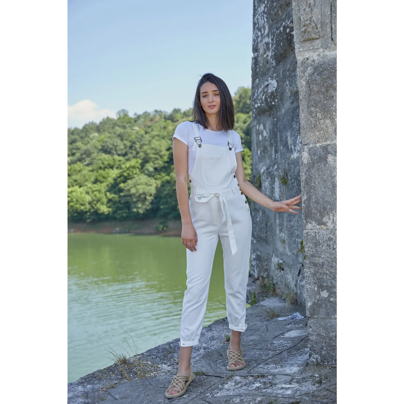 White Dungaree Denim Jumpsuit