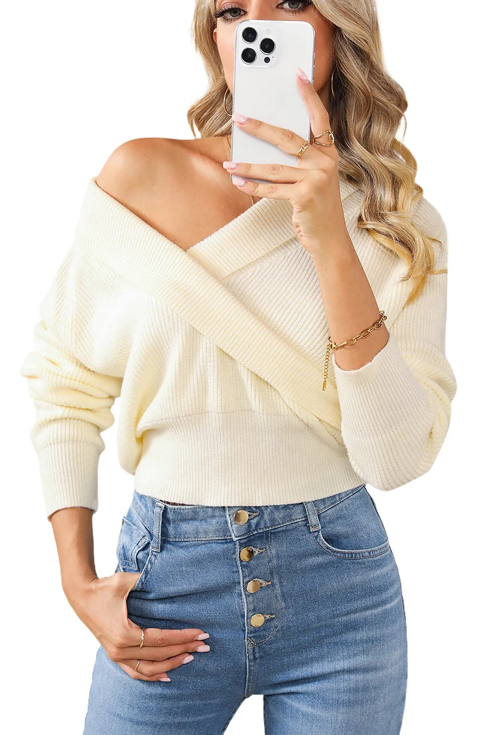 Wholesale Beige Ribbed Long Sleeve Surplice Crop Sweater