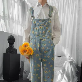 Wiaofellas  -  Daisy Little Printed Overalls Denim Trousers For Men And Women New Loose Casual Jeans Jumpsuit Vintage Streetwear Tide