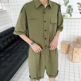 Wiaofellas  -  Fashion Men Playsuit Overalls Punk Hip Hop Korean Version Pocket Pant Loose Short Sleeve Rompers Youth Cargo Jumpsuit Streetwear