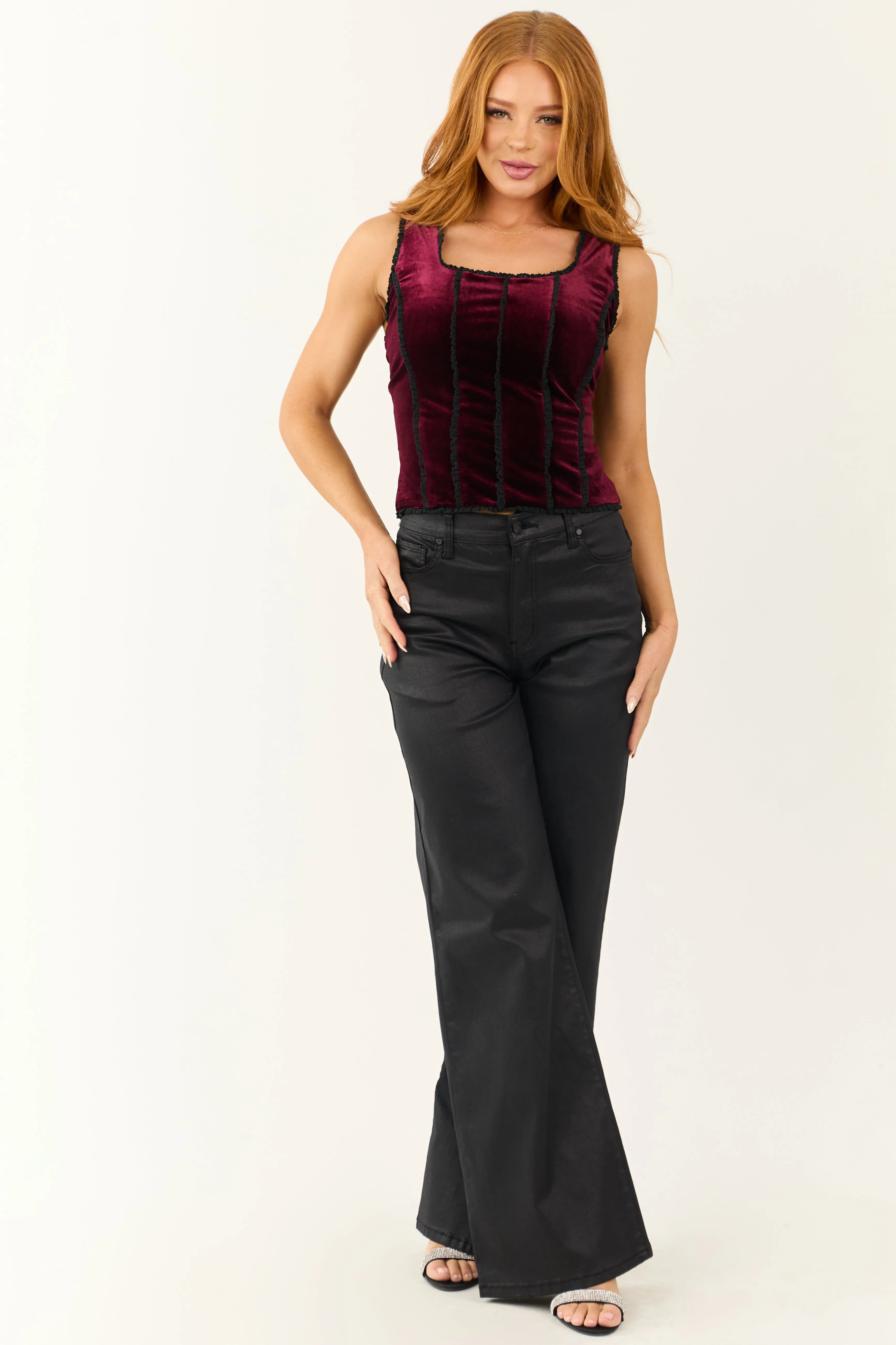 Wine Corset Style Lace Trim Tank Top