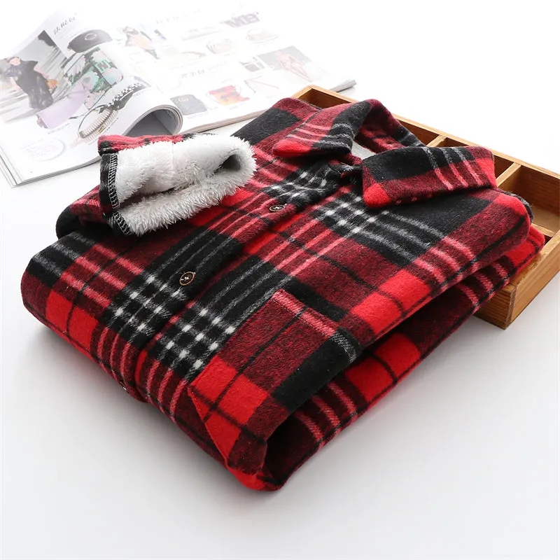 Winter Thick Velvet Plaid Shirts Jackets Women Warm Blouses Tops