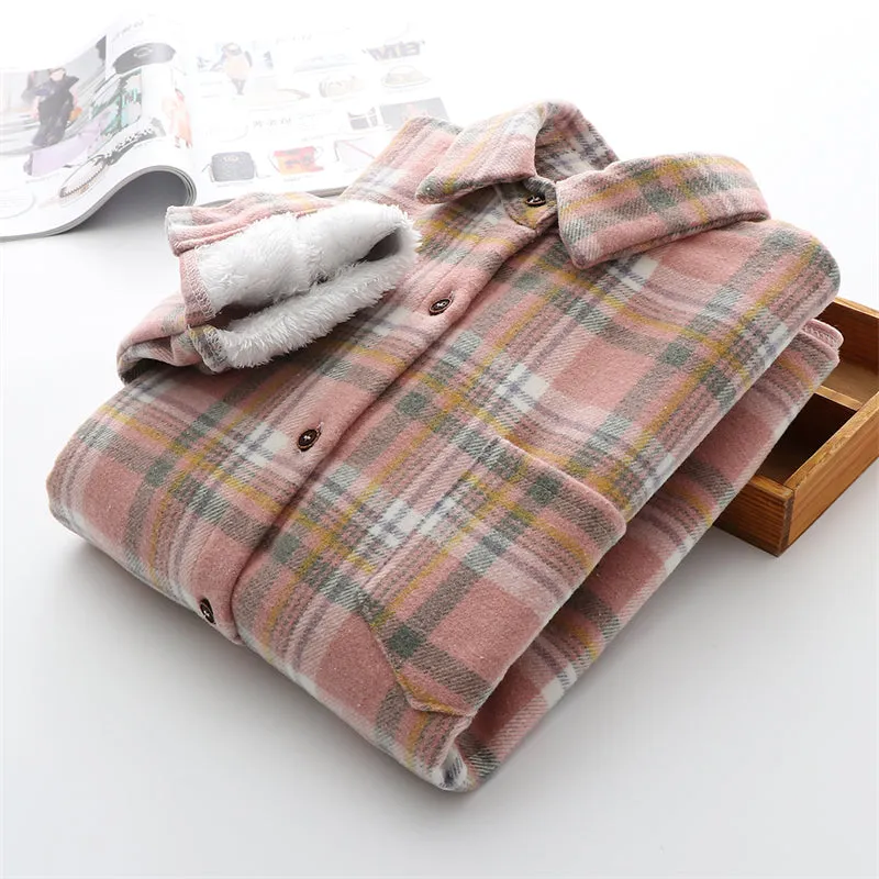 Winter Thick Velvet Plaid Shirts Jackets Women Warm Blouses Tops