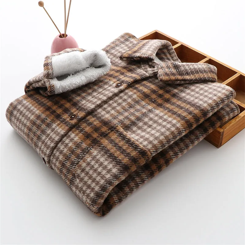 Winter Thick Velvet Plaid Shirts Jackets Women Warm Blouses Tops