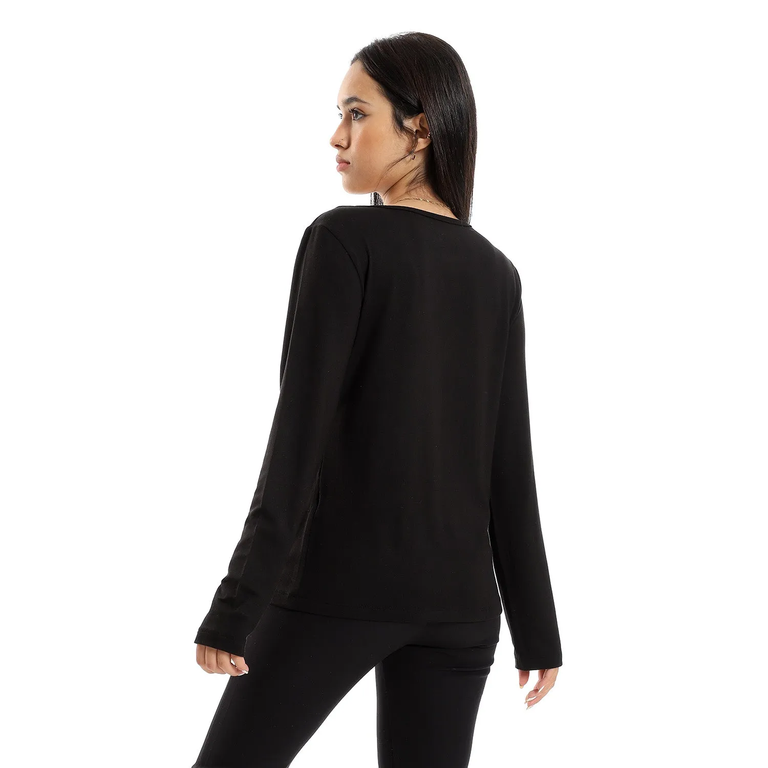 Women Basic Shirt, Round Neck, Long Sleeve - Black