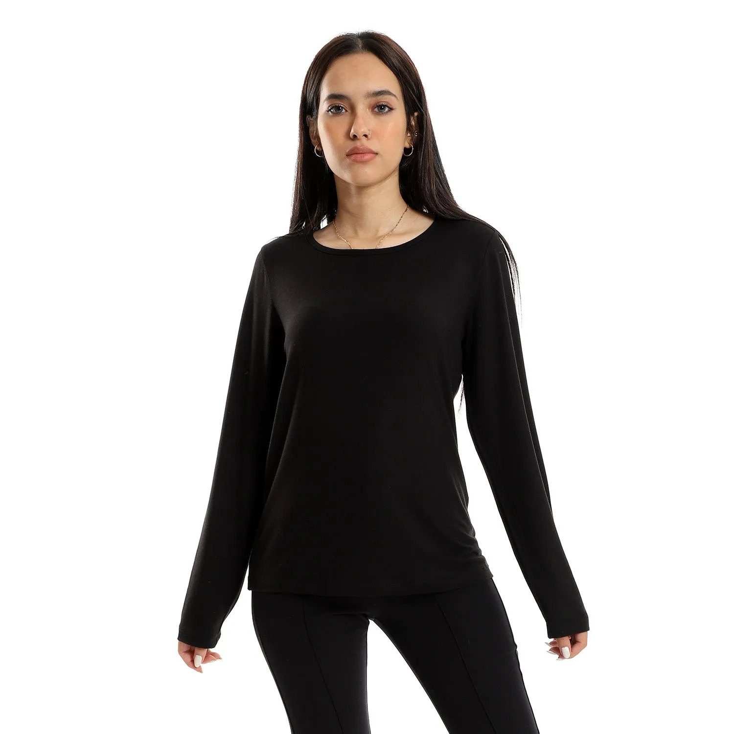 Women Basic Shirt, Round Neck, Long Sleeve - Black