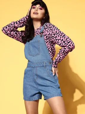 Women Blue Denim Side Buttoned Shorts Dungaree