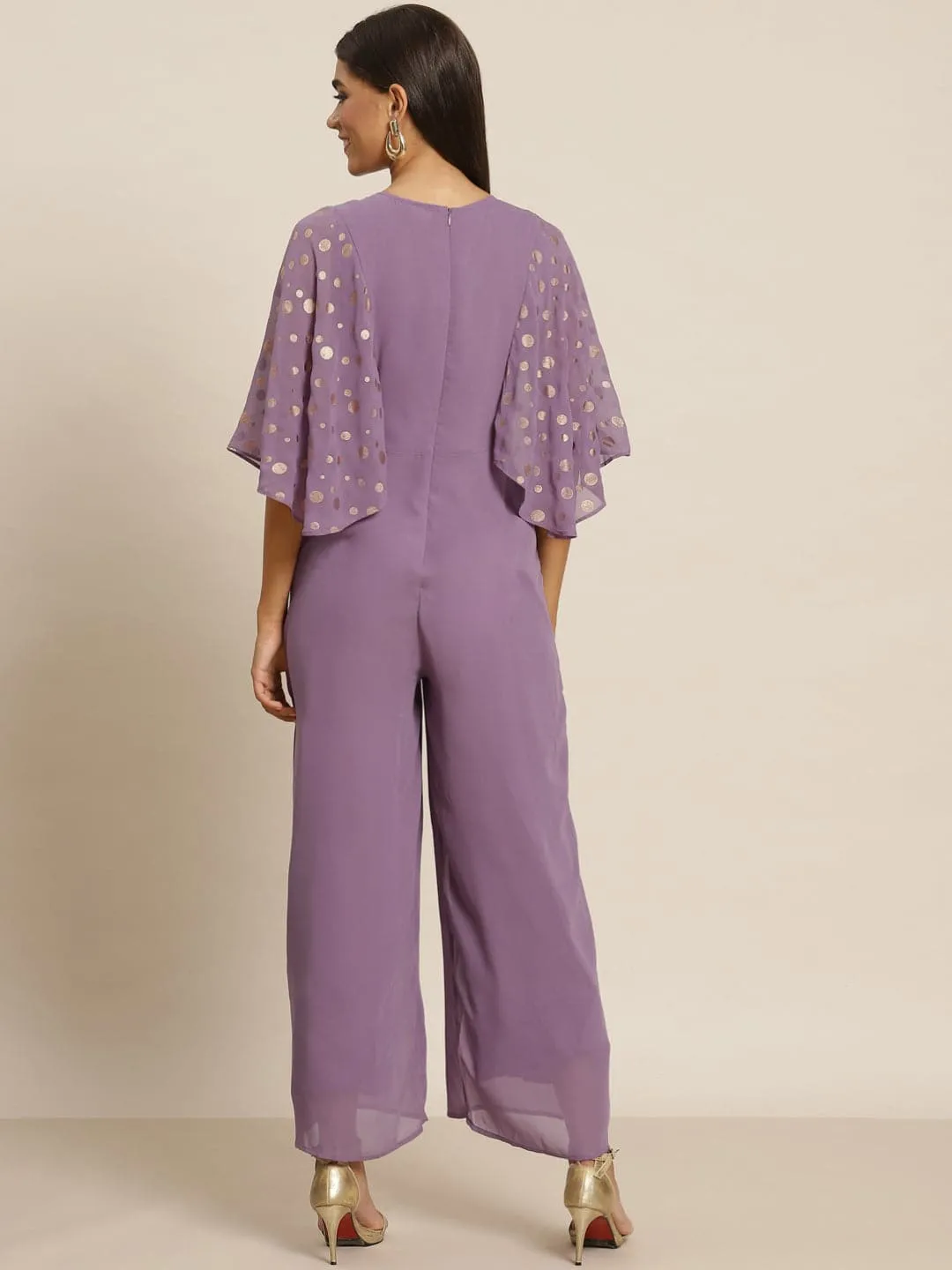 Women Purple Foil Print Flared Sleeve Jumpsuit