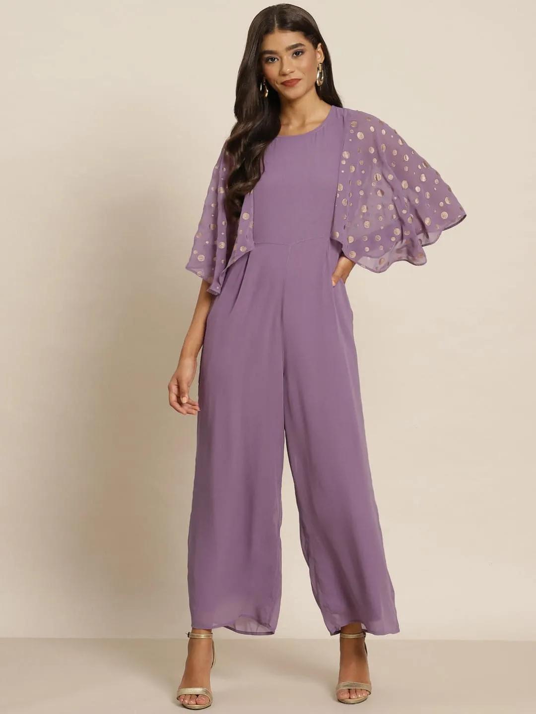 Women Purple Foil Print Flared Sleeve Jumpsuit