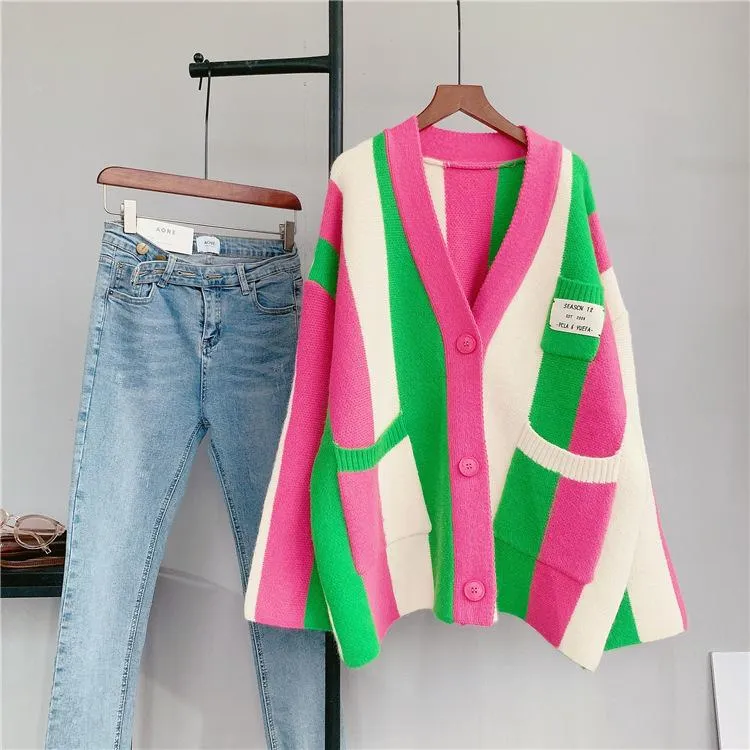 Women Striped Loose Knitting Cardigans