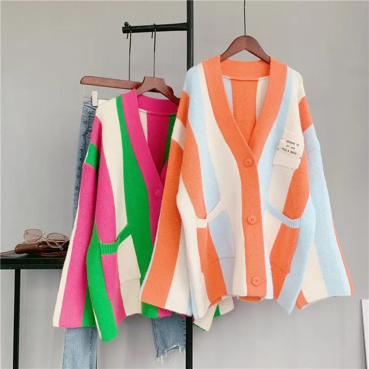 Women Striped Loose Knitting Cardigans