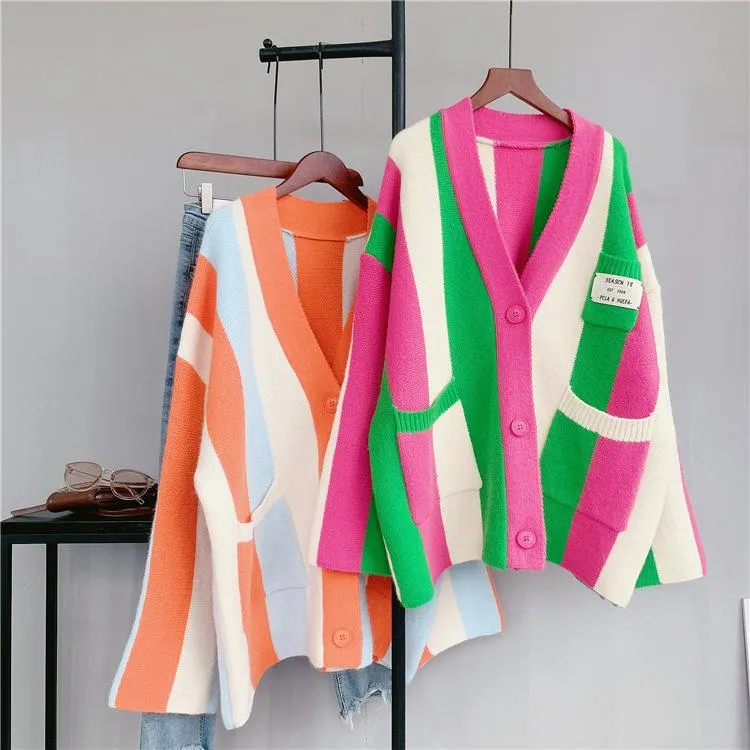 Women Striped Loose Knitting Cardigans