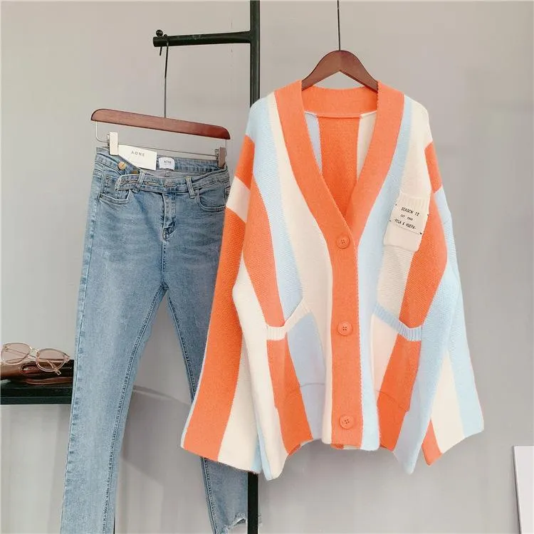 Women Striped Loose Knitting Cardigans