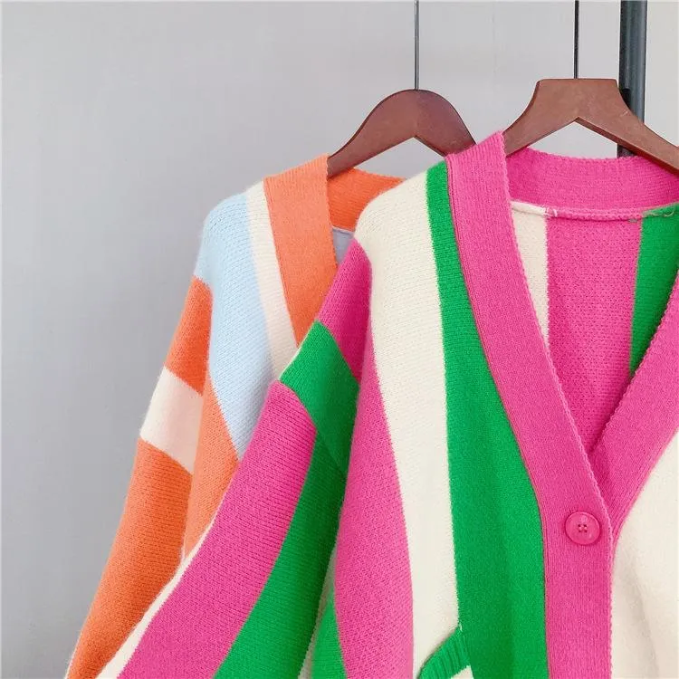 Women Striped Loose Knitting Cardigans